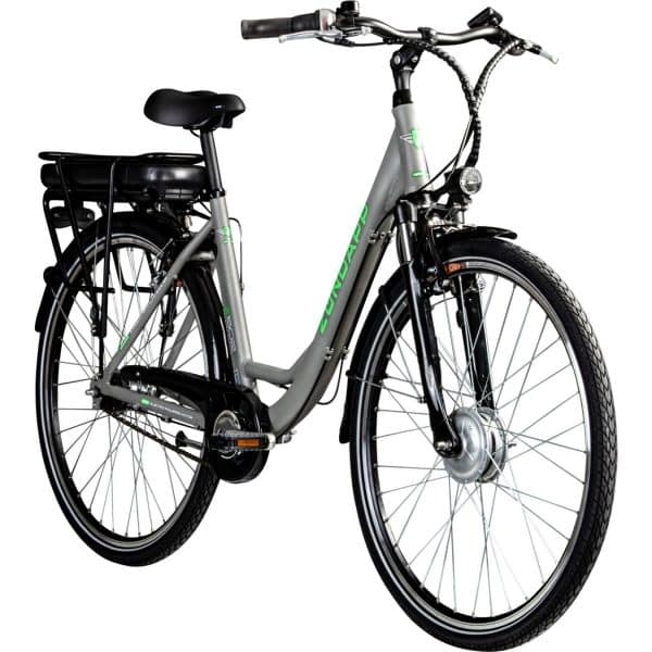 Zündapp Z502 E Bike Damen Fahrrad ab 155 cm mit Rücktritt 28 Zoll Pedelec mit tiefem Einstieg retro Hollandrad 7 Gang Nabenschaltung Stadtrad StVZO... grau/grün